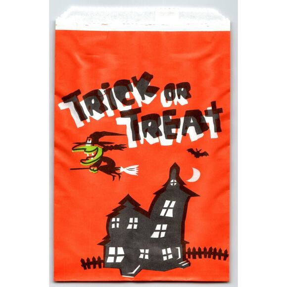 Trick Or Treat Halloween Candy Goodie Bag Flying Green Face Witch On Broom Moon - Picture 1 of 2